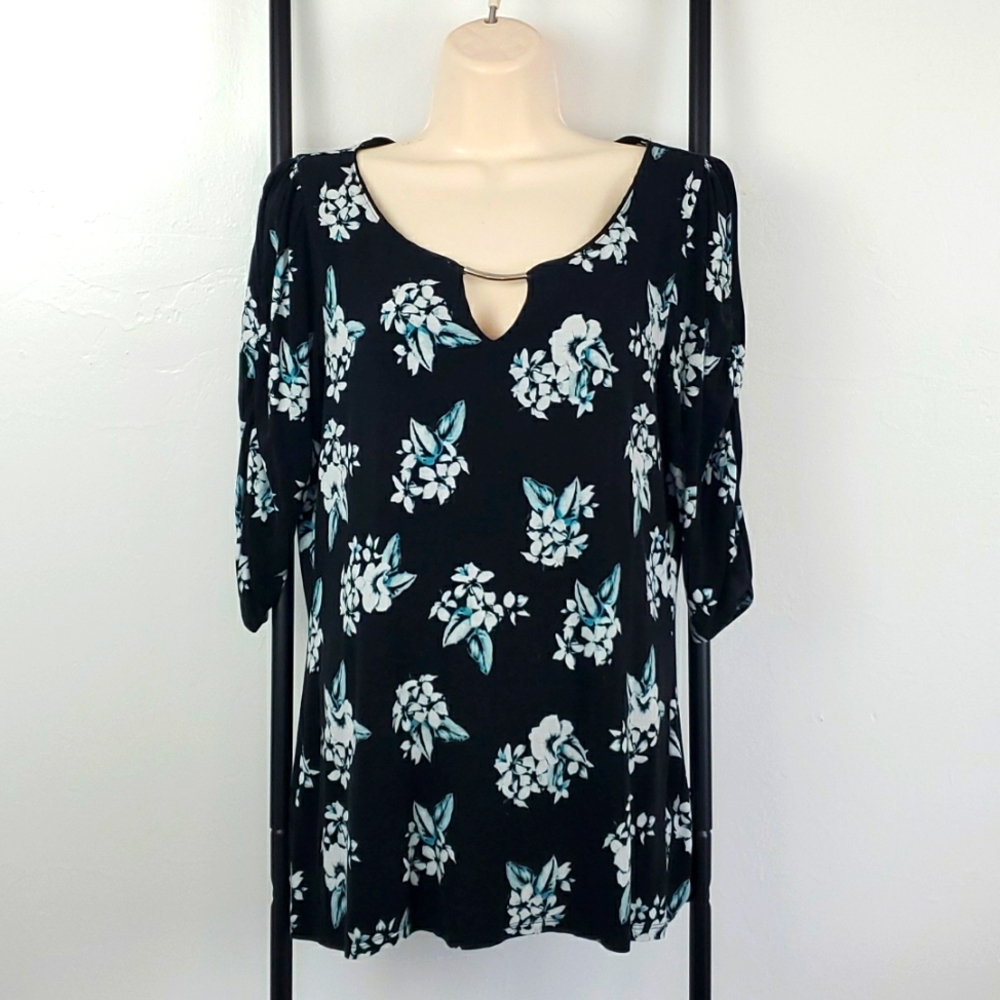 White House Black Market Floral Blouse Women’s L 3/4 Sleeve Stretch